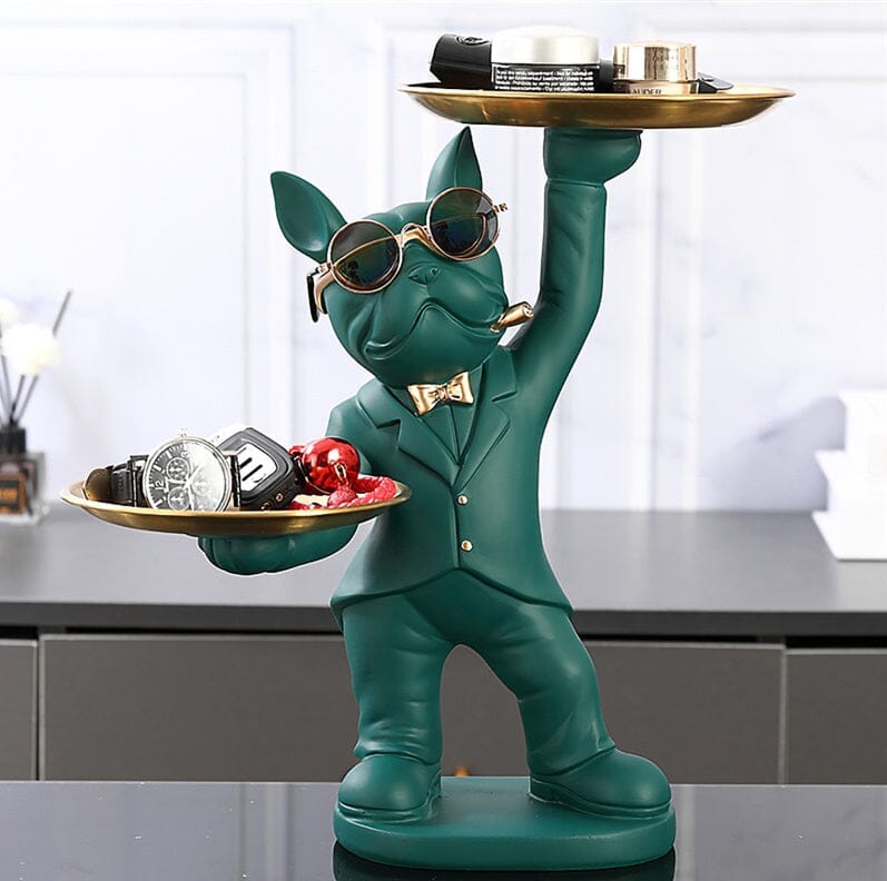 Escultura Bulldog Francês Mordomo Divertido Conceito Verde 